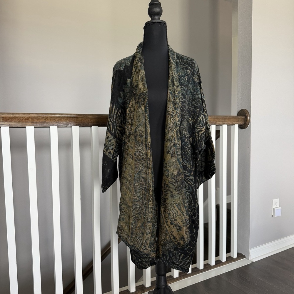 Anu by Natural Kimono Jacket Women XL Wool Black Green Abstract Boho Artsy Coat